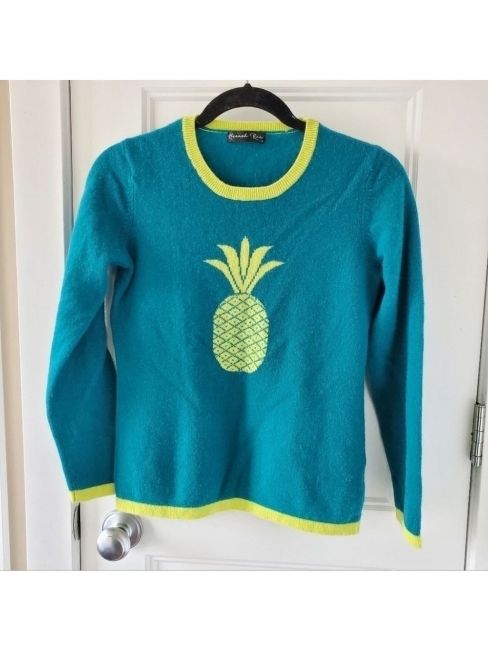 Hannah Rose Cashmere Pineapple Sweater Teal Blue M
